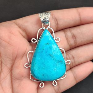 Navrabeads Premium Quality Natural Gemstone Turquoise Pendant for Women | Silver Finish