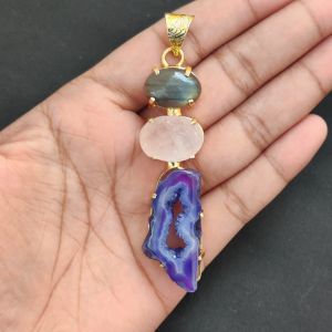 Navrabeads Premium Quality Natural 3 Step Gemstone Pendant Gold Finish with Anti-Tarnish Free Gold Polish for Women