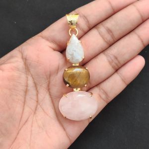Navrabeads Premium Quality Natural 3 Step Gemstone Pendant Gold Finish with Anti-Tarnish Free Gold Polish for Women