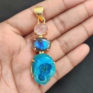 Navrabeads Premium Quality Natural 3 Step Gemstone Pendant Gold Finish with Anti-Tarnish Free Gold Polish for Women