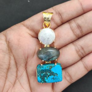 Navrabeads Premium Quality Natural 3 Step Gemstone Pendant Gold Finish with Anti-Tarnish Free Gold Polish for Women