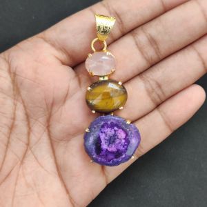 Navrabeads Premium Quality Natural 3 Step Gemstone Pendant Gold Finish with Anti-Tarnish Free Gold Polish for Women