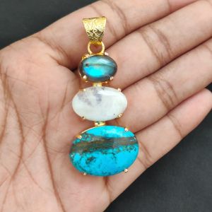 Navrabeads Premium Quality Natural 3 Step Gemstone Pendant Gold Finish with Anti-Tarnish Free Gold Polish for Women