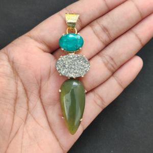 Navrabeads Premium Quality Natural 3 Step Gemstone Pendant Gold Finish with Anti-Tarnish Free Gold Polish for Women