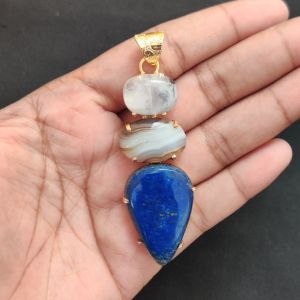 Navrabeads Premium Quality Natural 3 Step Gemstone Pendant Gold Finish with Anti-Tarnish Free Gold Polish for Women