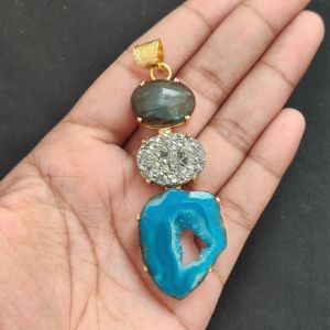 Navrabeads Premium Quality Natural 3 Step Gemstone Pendant Gold Finish with Anti-Tarnish Free Gold Polish for Women