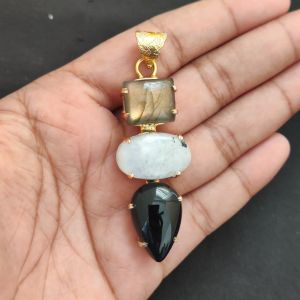 Navrabeads Premium Quality Natural 3 Step Gemstone Pendant Gold Finish with Anti-Tarnish Free Gold Polish for Women