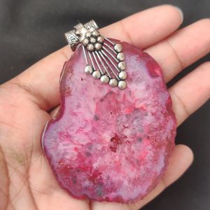 2.5" to 3" Natural Agate Slice Pendant, Silver Finish, sold by 1 Pc
