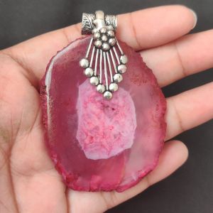 2.5" to 3" Natural Agate Slice Pendant, Silver Finish, sold by 1 Pc