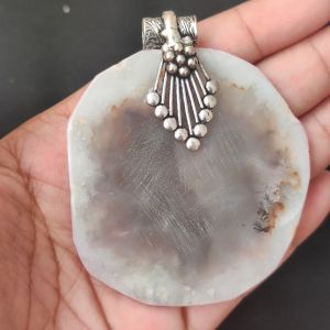 2.5" to 3" Natural Agate Slice Pendant, Silver Finish, sold by 1 Pc