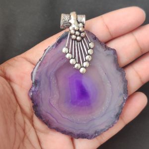 2.5" to 3" Natural Agate Slice Pendant, Silver Finish, sold by 1 Pc