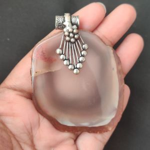 2.5" to 3" Natural Agate Slice Pendant, Silver Finish, sold by 1 Pc