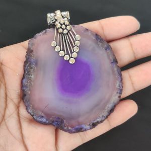 2.5" to 3" Natural Agate Slice Pendant, Silver Finish, sold by 1 Pc