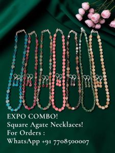 Navrabeads Square Agate Beads Necklace with Matching Earrings | 20 Inches | Elegant Traditional Jewellery for Women