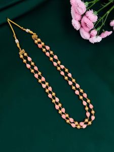 Navrabeads Tulip Necklace with Swarovski Pearl Pinkish Pink– 2 Layer Beaded Jewellery 20 Inch Elegant Pearl Necklace | Stylish Party, Festive & Wedding Wear for Women