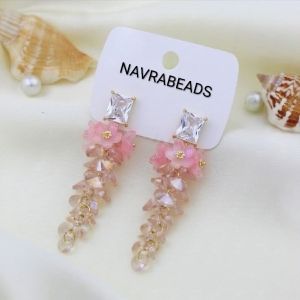 Navrabeads American Diamond Long Dangler Earrings – Pink Flower | Elegant Dangler Fashion Jewellery for Women & Girls