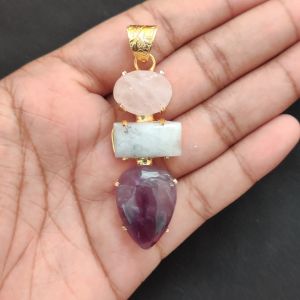 Navrabeads Premium Quality Natural 3 Step Gemstone Pendant Gold Finish with Anti-Tarnish Free Gold Polish for Women
