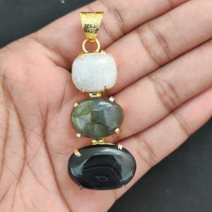 Navrabeads Premium Quality Natural 3 Step Gemstone Pendant Gold Finish with Anti-Tarnish Free Gold Polish for Women