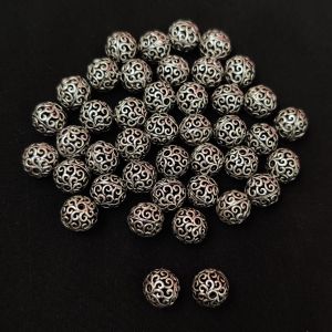  Silver Replica Hollow Beads, Round, 9X8MM, Pack of 10 pcs