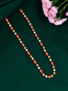 Navrabeads Taiwan Coral Beads Necklace with Swarovski Replica Pearls & Anti-Tarnish Gold Beads | 22 Inches