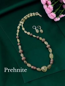 Navrabeads Natural Prehnite Gemstone Necklace with Silver Replica Beads | 18 Inches
