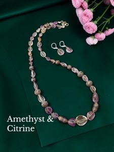 Navrabeads Natural Amethyst & citrine Gemstone Necklace with Silver Replica Beads | 18 Inches
