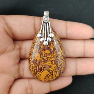 Mariam Jasper Pendant, Gemstone Pendant, 1.5", Silver finish