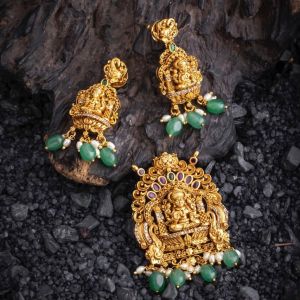 Antique Lakshmi Pendant (2.5x1.5") with green drops | Temple Jewellery for Women