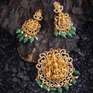 Antique Lakshmi Pendant (2.2x2") with green drops| Temple Jewellery for Women