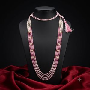 Navrabeads Zircon Beads with Pearl Necklace | Baby Pink | 22 Inches | Long Back Dori