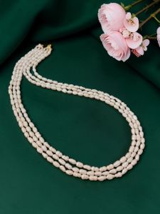 Navrabeads 3 Layer Freshwater Pearl Necklace | 20 Inches | Cream | Gold Rope Finish