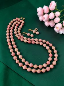 Navrabeads Double Layer Pink Rhodonite Necklace with Earrings | 2-Layer | 20 Inches | Natural Gemstone Jewellery Set