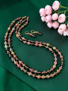 Navrabeads Multi Tourmaline Double-Strand Necklace Set with Earrings | 2-Layer | 20 Inches | Gold-Tone Spacers