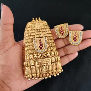 Very Large Matt Gold Finish Perumal (Tirupati Balaji) Pendant With Earrings