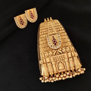 Very Large Matt Gold Finish Perumal (Tirupati Balaji) Pendant With Earrings