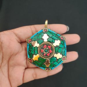 Tibetan Hexagon Shaped Pendant, Malachite Green Colour