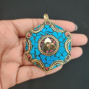 Tibetan Hexagon Shaped Pendant, Turquoise blue Colour