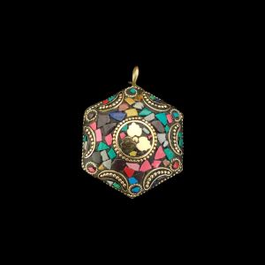 Tibetan Hexagon Shaped Pendant, Multi Colour