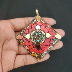 Tibetan Diamond Shaped Pendant, Red Colour