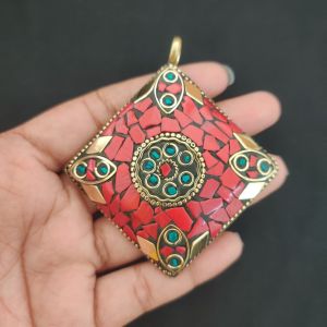 Tibetan Diamond Shaped Pendant, Red Colour