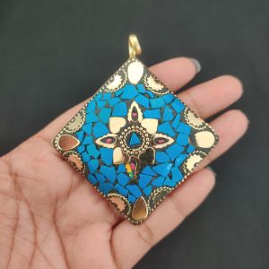 Tibetan Diamond Shaped Pendant, Blue Colour