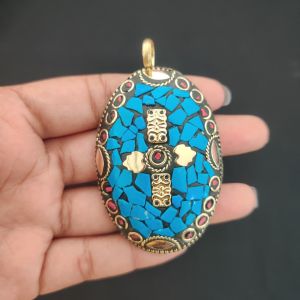Tibetan Oval Shaped Pendant, Blue Colour