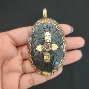 Tibetan Oval Shaped Pendant, Black Colour