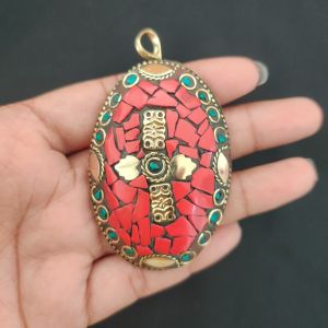 Tibetan Oval Shaped Pendant, Red Colour