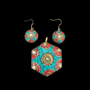 Tibetan HEXOGON Shaped Pendant, MULTICOLOR With Gold Designs and Earrings