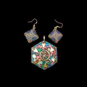 Tibetan HEXOGON Shaped Pendant, MULTICOLOR With Gold Designs and Earrings