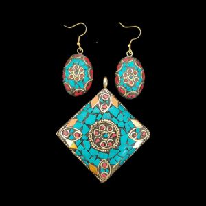 Tibetan Hexogon Shaped Pendant, TURQUOISE BLUE With Gold Designs and Earrings