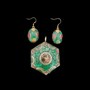 Tibetan Hexogon Shaped Pendant With Gold Designs and Earrings
