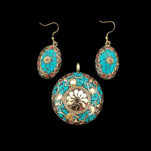 Tibetan Round Shaped Pendant, Turquoise Blue With Gold Designs and Earrings