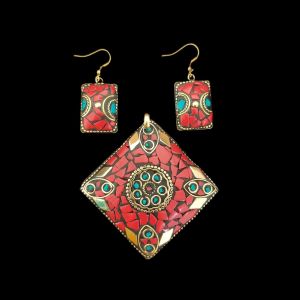 Tibetan Diamond Shaped Pendant, RED With Gold Designs and Earrings